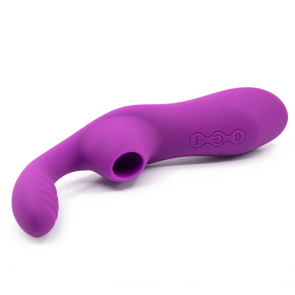 Sexyland Embrace G-Spot & Clitoral Suction Vibrator has 10 vibration modes in a petite ribbed G-spot head & a flexible neck to perfectly align 7 suction modes in the hollow chamber w/ your clitoris! Purple. (4)