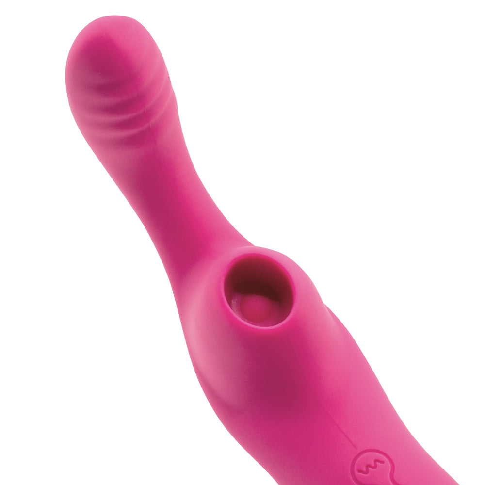 Sexyland Embrace G-Spot & Clitoral Suction Vibrator has 10 vibration modes in a petite ribbed G-spot head & a flexible neck to perfectly align 7 suction modes in the hollow chamber w/ your clitoris! Rose. Clitoral chamber.