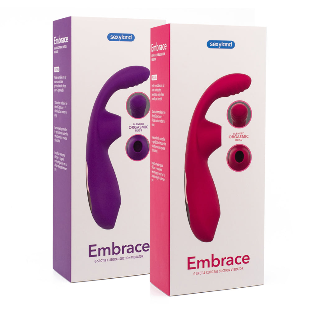 Sexyland Embrace G-Spot & Clitoral Suction Vibrator has 10 vibration modes in a petite ribbed G-spot head & a flexible neck to perfectly align 7 suction modes in the hollow chamber w/ your clitoris! Packages.