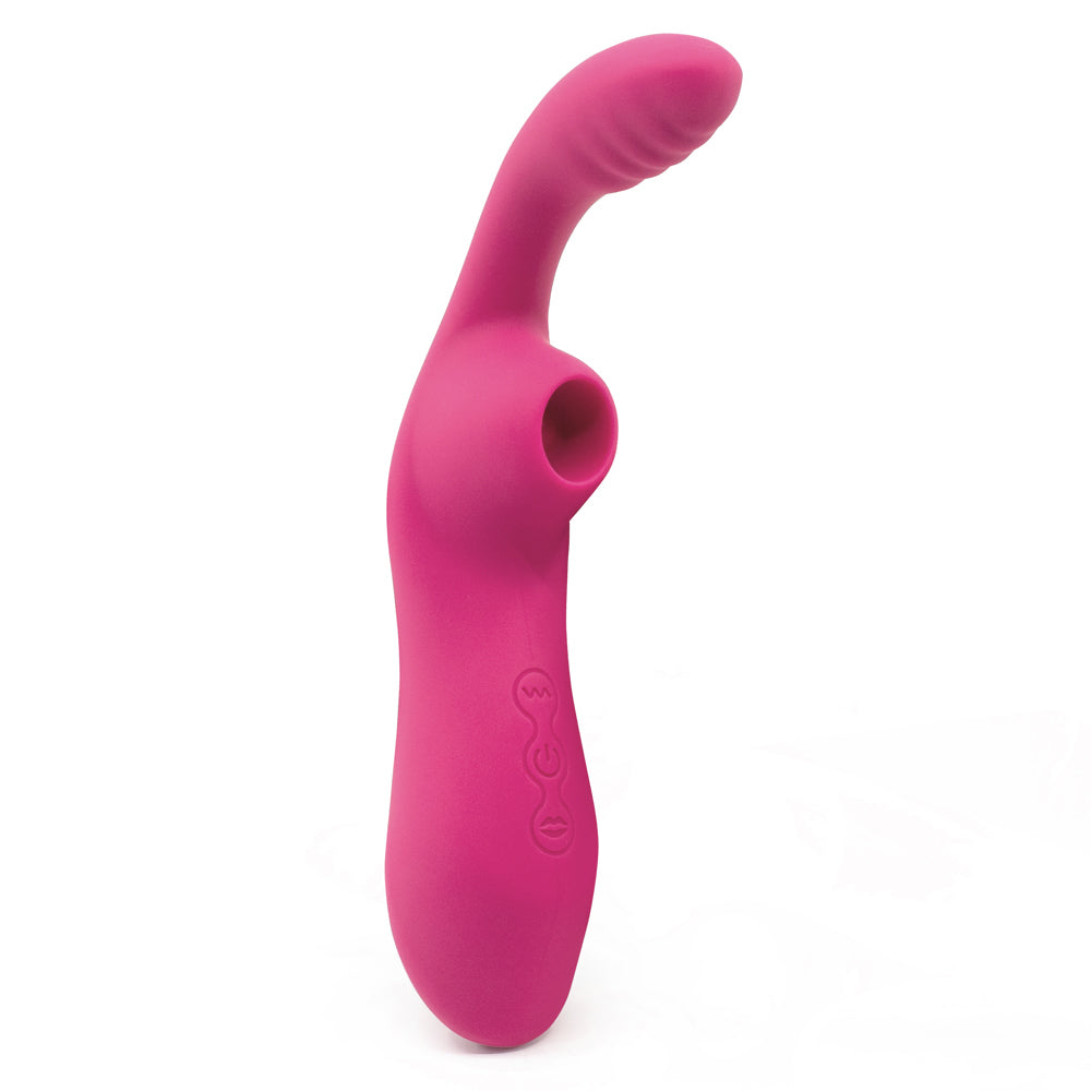 Sexyland Embrace G-Spot & Clitoral Suction Vibrator has 10 vibration modes in a petite ribbed G-spot head & a flexible neck to perfectly align 7 suction modes in the hollow chamber w/ your clitoris! Rose.