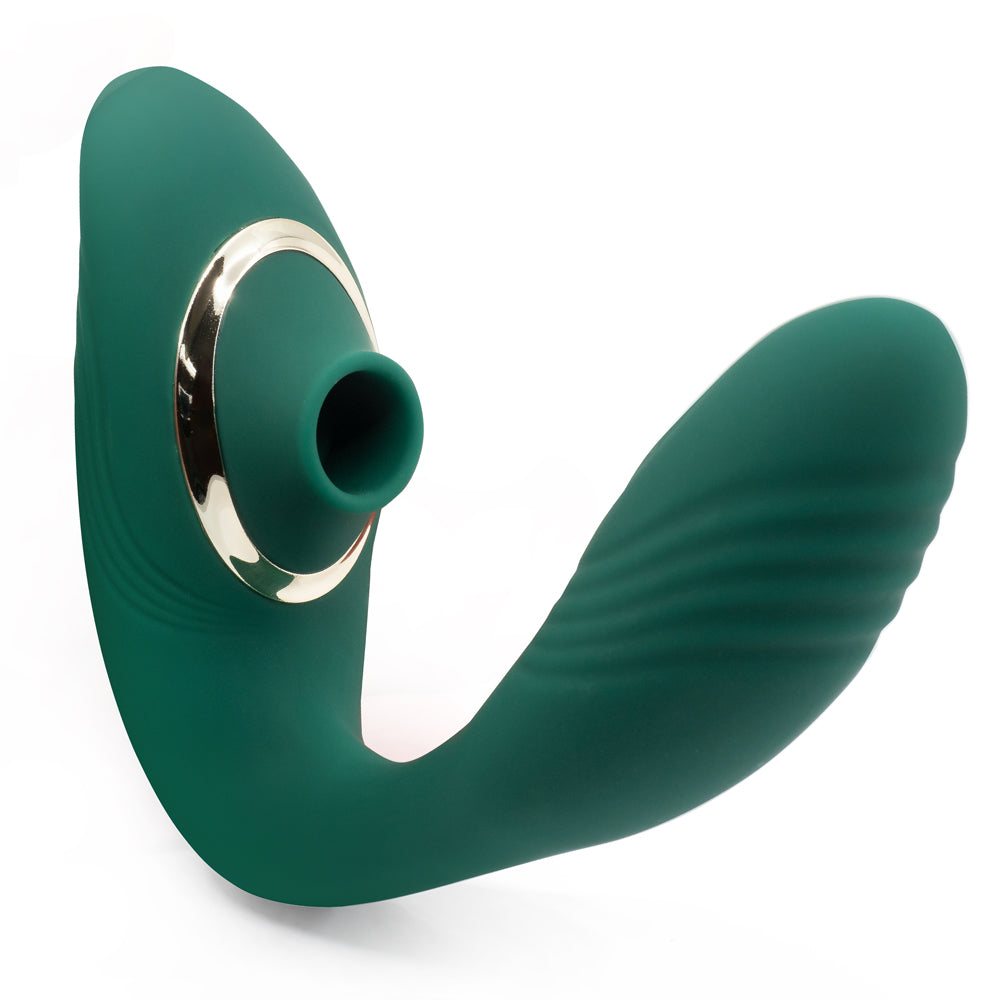 Sexyland Pamper G-Spot Thumping & Clitoral Suction Stimulator has a 10-mode oscillating G-spot pad in a ribbed insertable head & a flexible neck to align 10 clitoral suction modes in the hollow chamber. Green.
