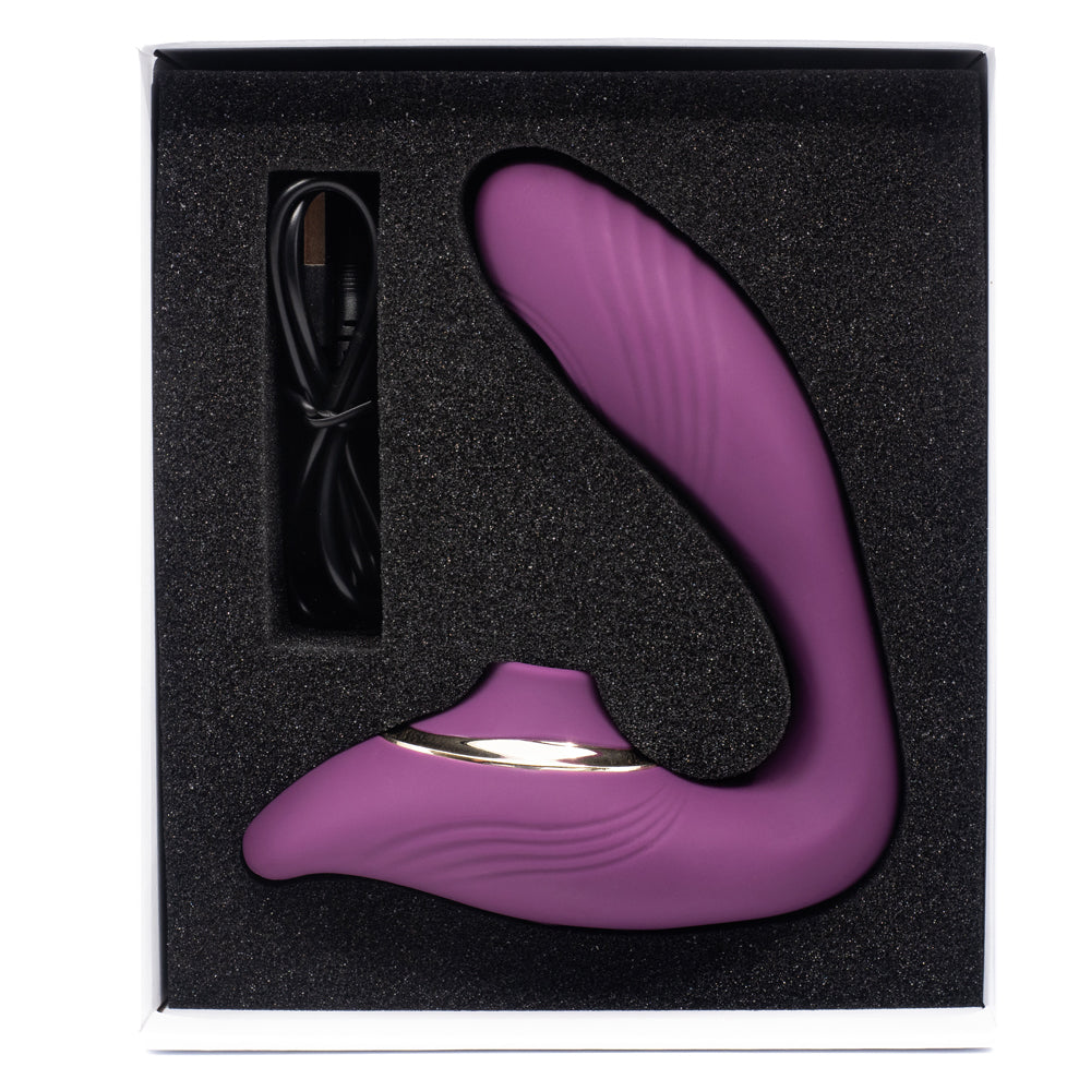 Sexyland Pamper G-Spot Thumping & Clitoral Suction Stimulator has a 10-mode oscillating G-spot pad in a ribbed insertable head & a flexible neck to align 10 clitoral suction modes in the hollow chamber. Purple. Accessories.
