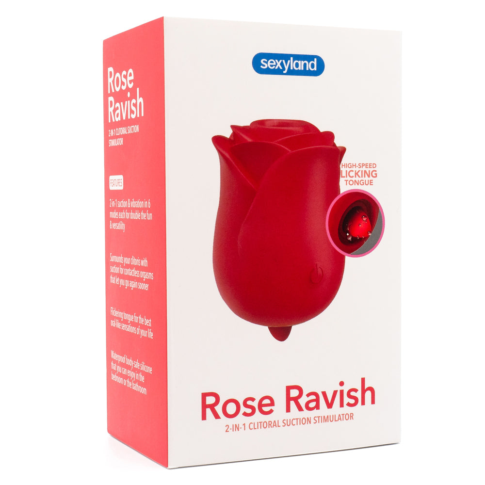 Sexyland Rose Ravish 2-In-1 Clitoral Suction Stimulator surrounds your clitoris w/ 6 contactless suction modes & 6 licking modes in the vibrating tongue-like stimulator for oral fun. Package.