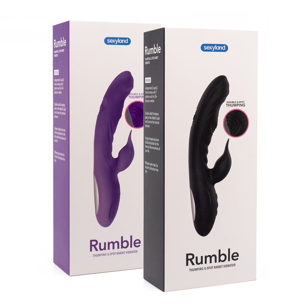 Sexyland Rumble Double Thumping G-Spot Rabbit Vibrator has 7 thumping modes in dual-sided thumping G-spot pads & 7 independent vibration modes in the shaft + clitoral arm for simultaneous stimulation! Packages.