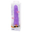 Silicone Classic Curved Vibrator has 7 heavenly vibration modes packed into a realistic ridged head & curved veiny shaft for G-spot stimulation! Purple. Package.