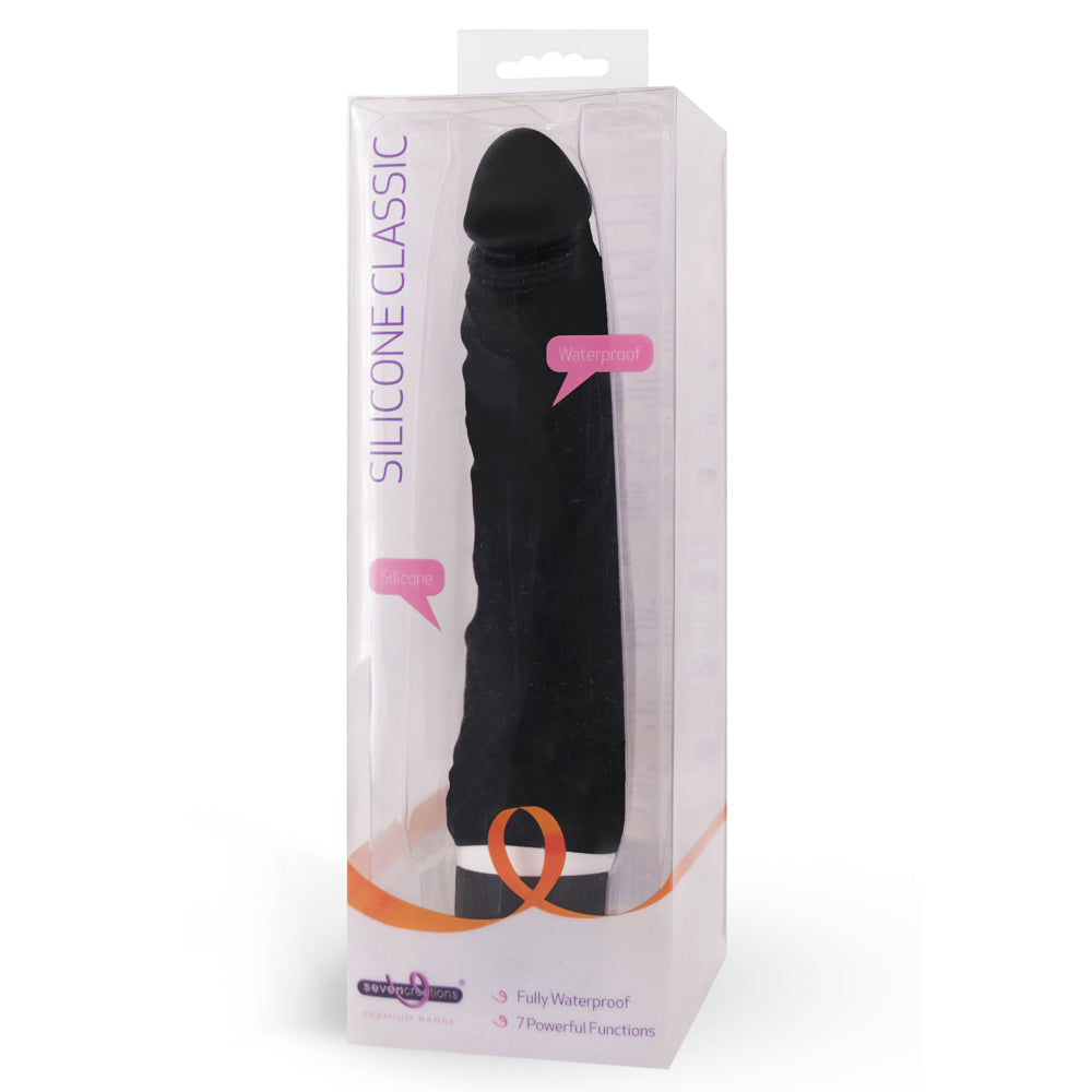 Silicone Classic Curved Vibrator has 7 heavenly vibration modes packed into a realistic ridged head & curved veiny shaft for G-spot stimulation! Black. Package.