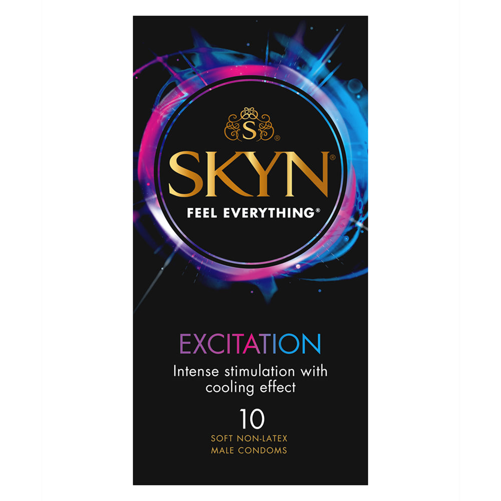 Skyn Excitation Textured Cooling Effect Non-Latex Condoms have intensely raised dots in a unique wave pattern for the receiver's pleasure while the cooling gel stimulates you both.