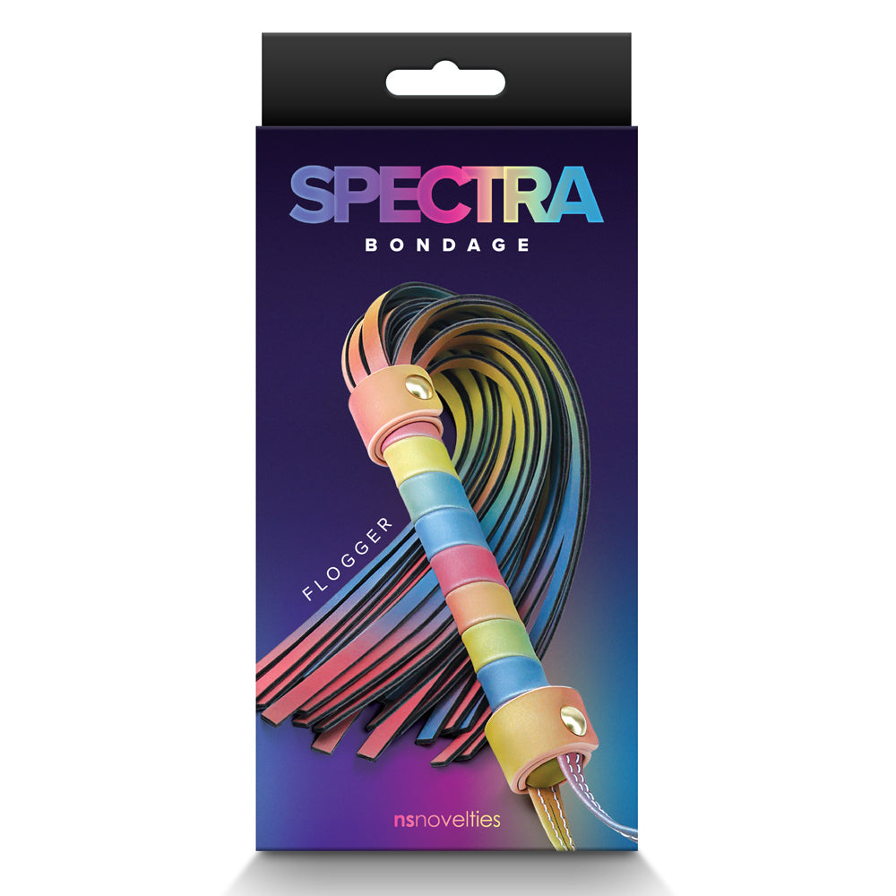  Spectra Bondage Rainbow Faux Leather Flogger comes in a rainbow gradient of vegan-friendly leather tails that look great while stationary or moving through the air. Package.