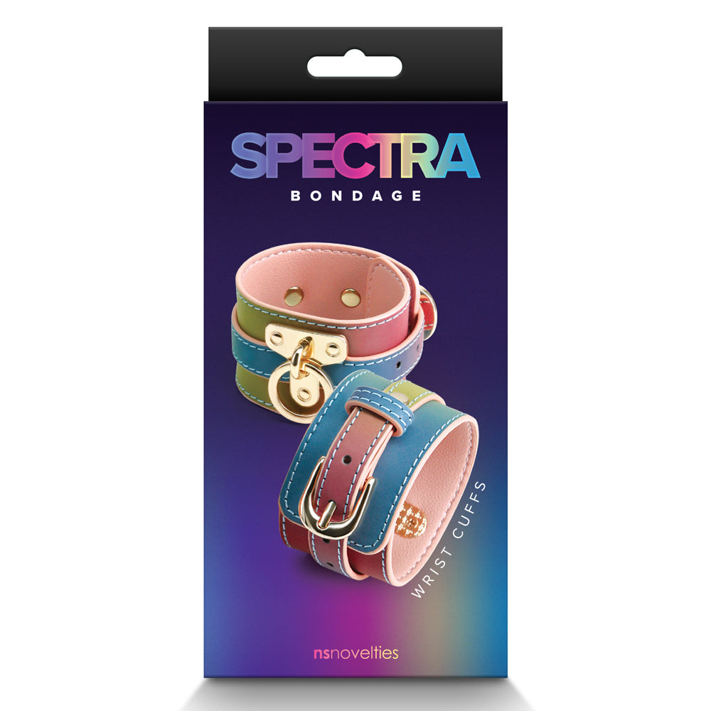 Spectra Bondage Rainbow Faux Leather Wrist Cuffs come in a rainbow gradient w/ gorgeous gold hardware & have a spring hook connector clip. Package.