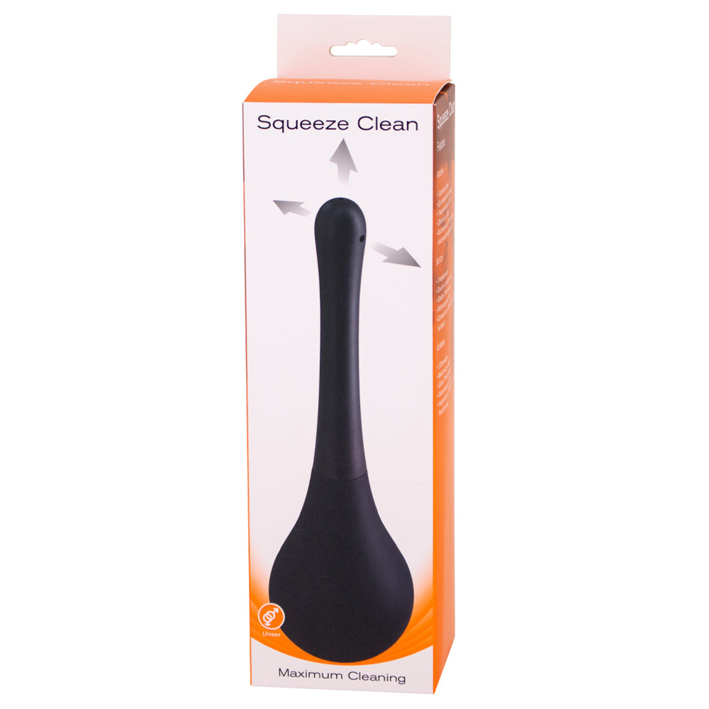 Clean yourself before sex with the Squeeze Clean Anal Douche! Features 3 nozzle openings and holds 190ml. Black. Package.