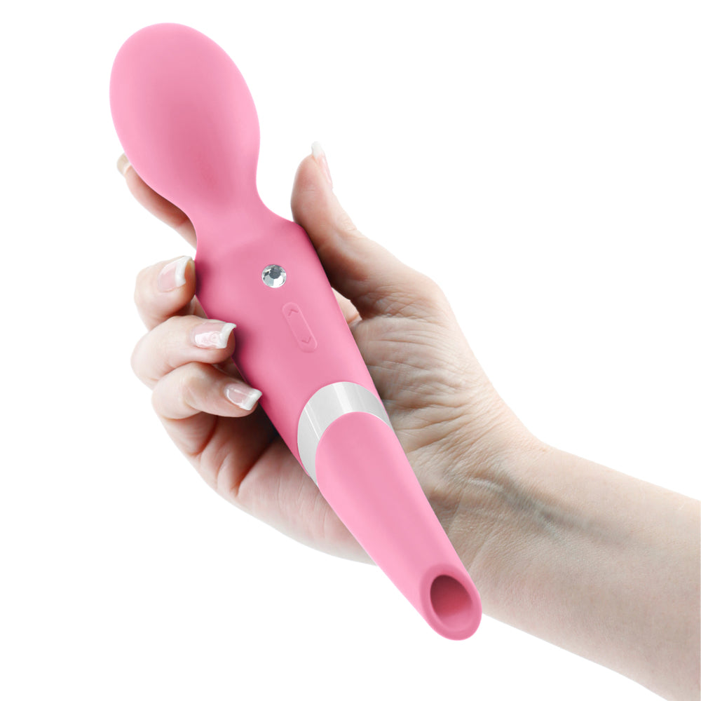 Sugar Pop Aurora Double-Ended Clitoral Air Pulse Wand Massager has 10 contactless clitoral air pulse suction modes in the handle & 10 vibration modes in the head for double the fun. Pink. On-hand.