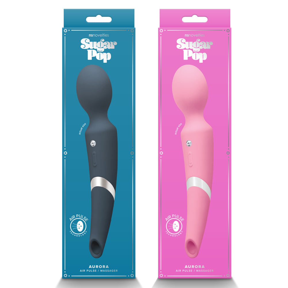 Sugar Pop Aurora Double-Ended Clitoral Air Pulse Wand Massager has 10 contactless clitoral air pulse suction modes in the handle & 10 vibration modes in the head for double the fun. Packages.