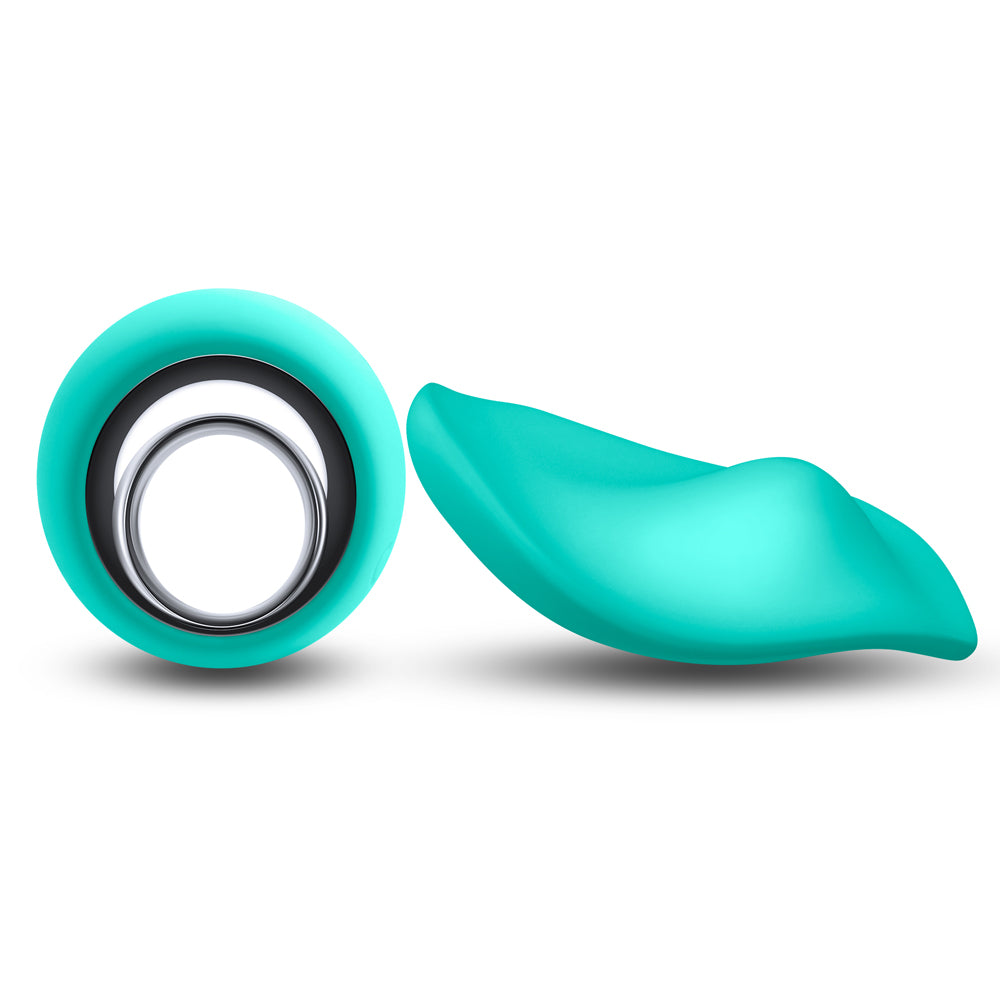 The Sugar Pop Leila is a contoured panty vibrator that stimulates the clitoris & vulva w/ 10 whisper-quiet vibration modes. Remote-controllable + app-compatible! Aqua.