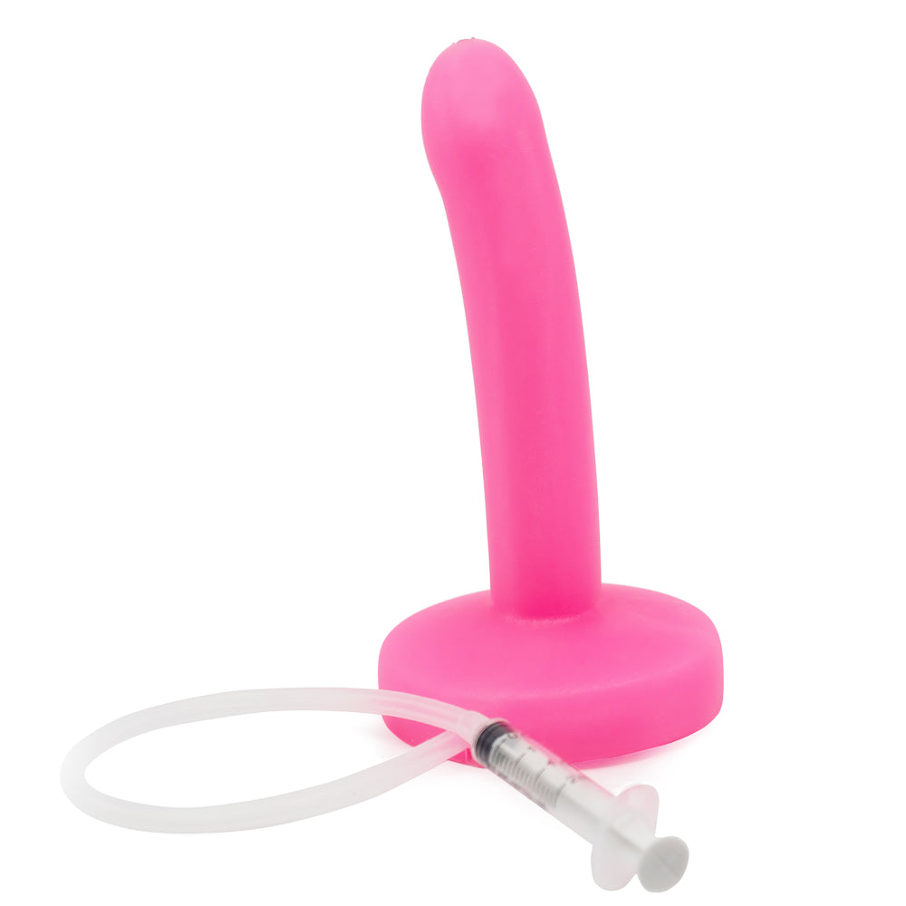 Tantus Pop 6" Slim Squirting Silicone Dildo has a sleek, slim design & a removable inner tubing system for easy cleaning to ensure a hygienic experience. Watermelon pink.