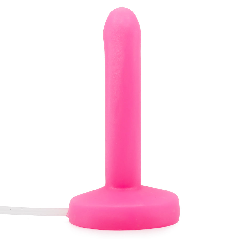 Tantus Pop 6" Slim Squirting Silicone Dildo has a sleek, slim design & a removable inner tubing system for easy cleaning to ensure a hygienic experience. Watermelon pink. (2)