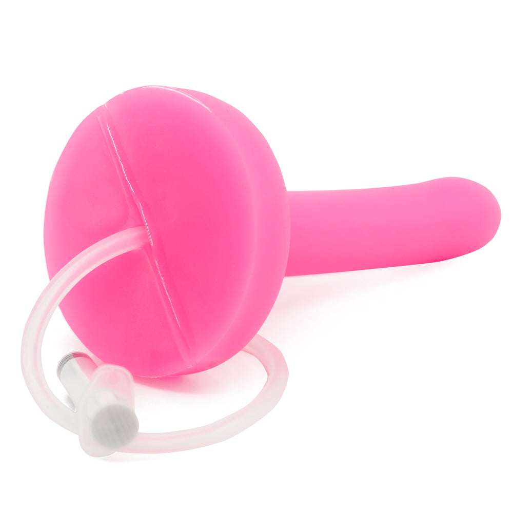 Tantus Pop 6" Slim Squirting Silicone Dildo has a sleek, slim design & a removable inner tubing system for easy cleaning to ensure a hygienic experience. Watermelon pink. (4)