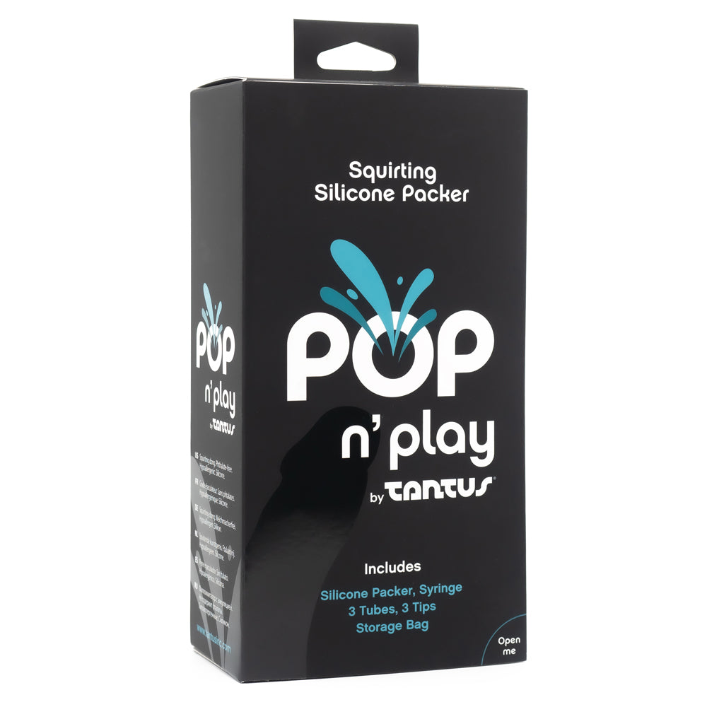 Tantus Pop n' Play 5" Squirting Silicone Packer Dildo is soft enough to wear under clothes & firm enough for play. Includes 3 tips, tubes & a handheld syringe. Package.