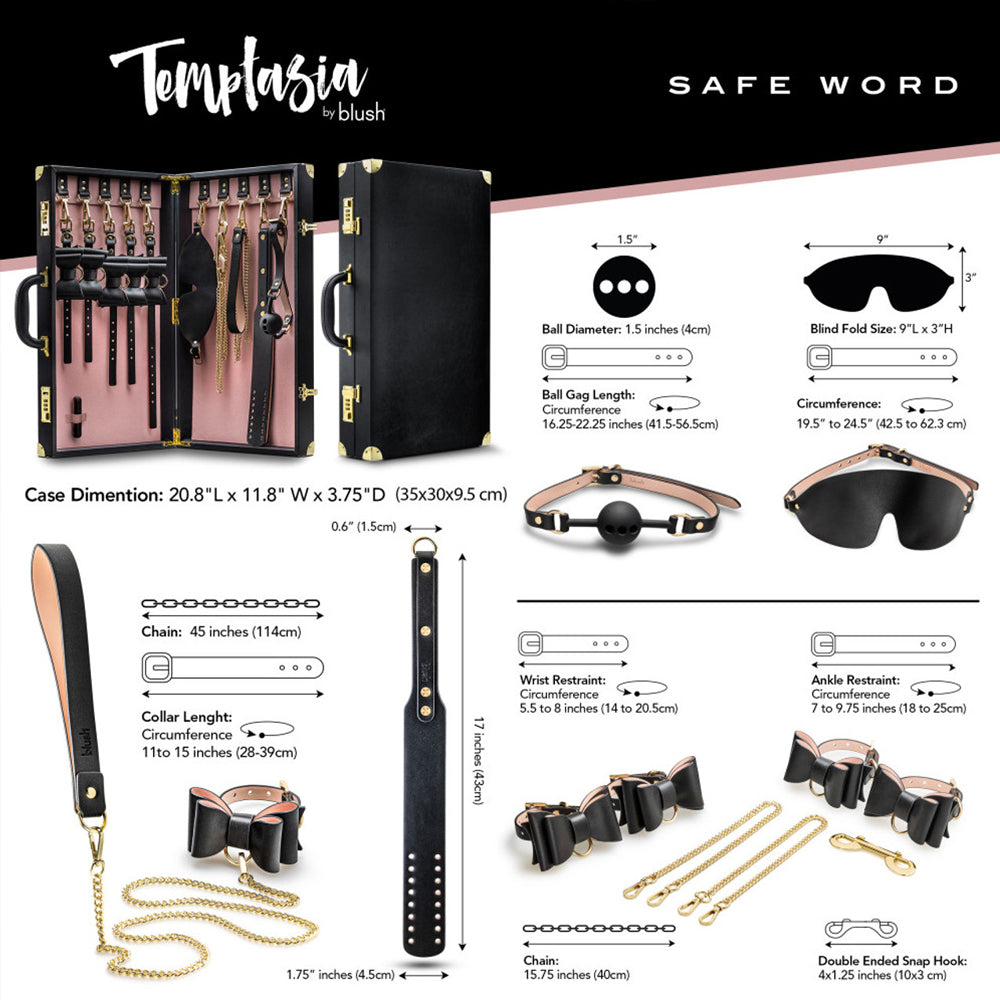 Temptasia Safe Word Luxury Vegan Bondage Kit includes wrist/ankle cuffs, a collar w/ chain leash, blindfold, a ball gag, a double-layered slapper & a bullet vibrator for kinky fun! Accessories.