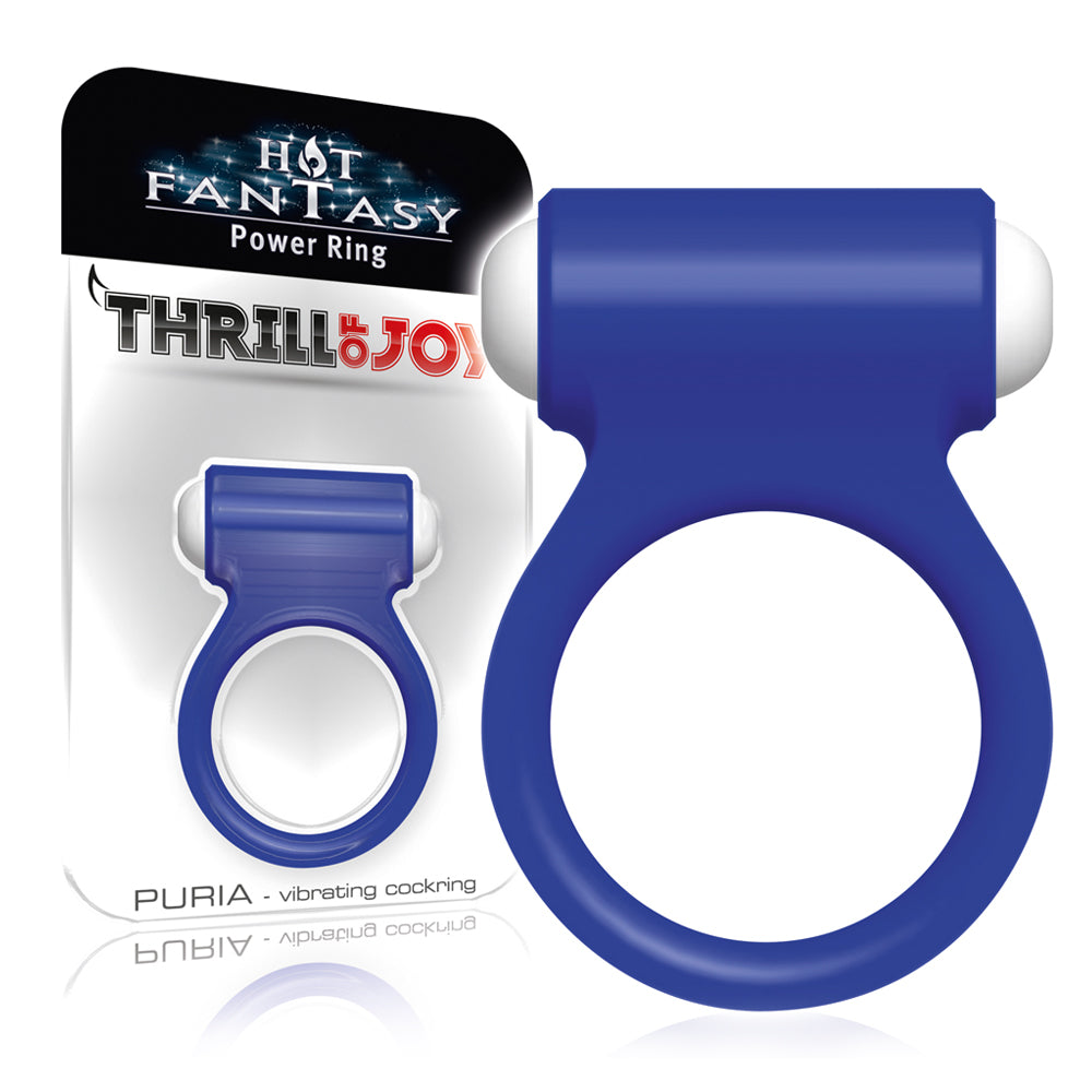 Thrill of Joy Puria Vibrating Silicone Cock Ring has 1 vibration mode & keeps erections harder for longer + increases stamina so you can enjoy longer, more intense sexual encounters... Blue. Package.
