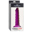 Thrill of Joy Rowan dildo in purple sits in its package and features a helix-style texture on the unicorn horn-like shaft.