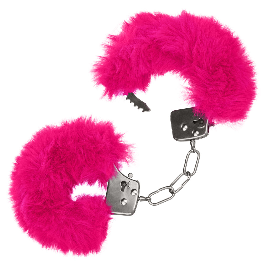 Ultra Fluffy Furry Lockable Metal Handcuffs are covered in luxuriously soft faux fur that's removable for more intense BDSM play. Pink.