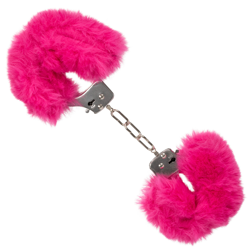 Ultra Fluffy Furry Lockable Metal Handcuffs are covered in luxuriously soft faux fur that's removable for more intense BDSM play. Pink. (2)