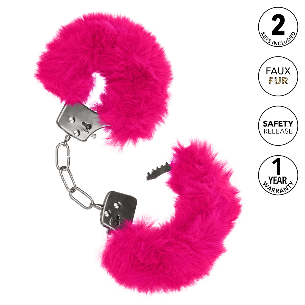 Ultra Fluffy Furry Lockable Metal Handcuffs are covered in luxuriously soft faux fur that's removable for more intense BDSM play. Pink. Features.