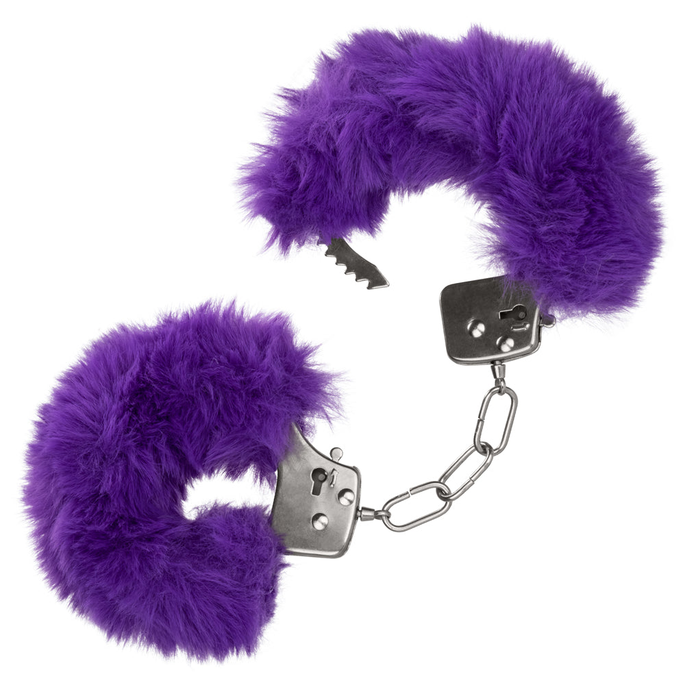 Ultra Fluffy Furry Lockable Metal Handcuffs are covered in luxuriously soft faux fur that's removable for more intense BDSM play. Purple.