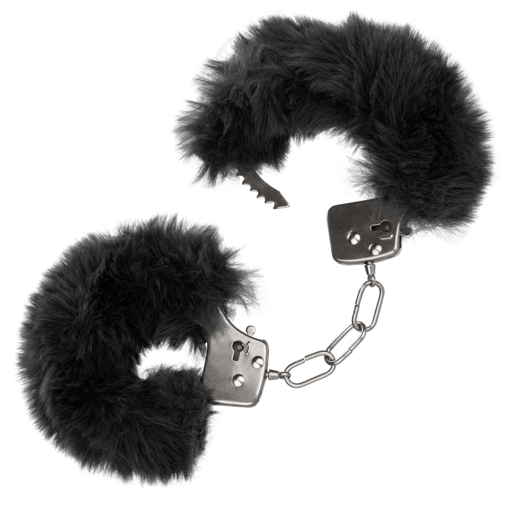 Ultra Fluffy Furry Lockable Metal Handcuffs are covered in luxuriously soft faux fur that's removable for more intense BDSM play. Black.