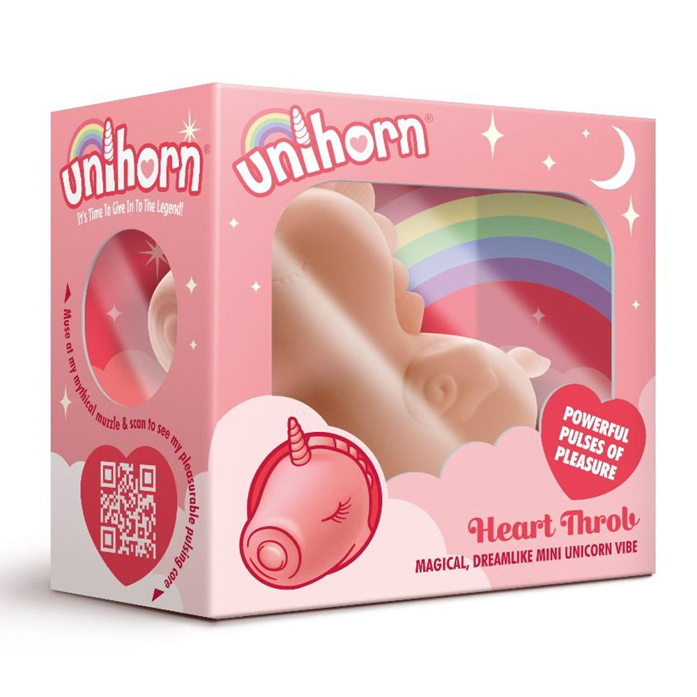Unihorn Heart Throb Pulsing Clitoral Vibrator has a silicone pad that throbs in 10 thumping modes while a second independent motor makes its whole body vibrate in 10 patterns! Package.