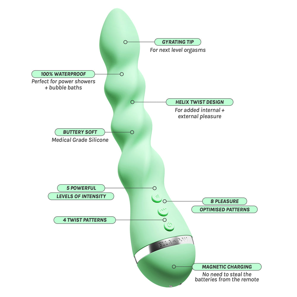 Vush Ella + Dom Rotating Twist Vibrator - Limited Edition has spiralling ribs for great internal or external stimulation & 4 rotating modes + 8 vibration settings in 5 intensity levels each! Features.