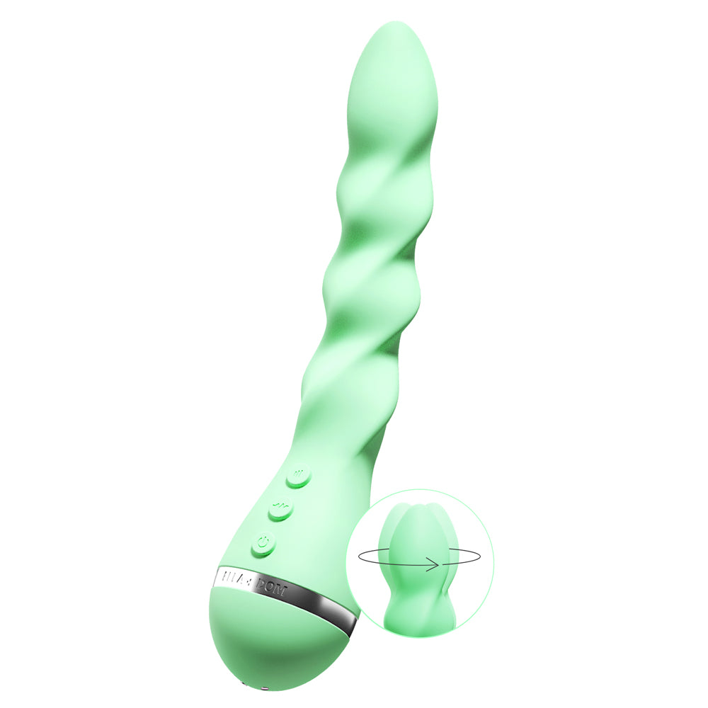 Vush Ella + Dom Rotating Twist Vibrator - Limited Edition has spiralling ribs for great internal or external stimulation & 4 rotating modes + 8 vibration settings in 5 intensity levels each! Rotating head.