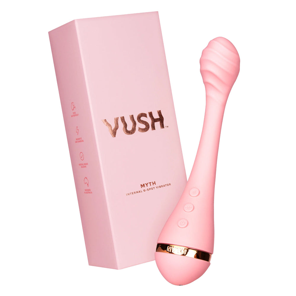Vush Myth Textured G-Spot Vibrator has 5 vibration modes in 5 levels for 25 combos, packed in a bulbous head w/ a rippling wave texture. Package.