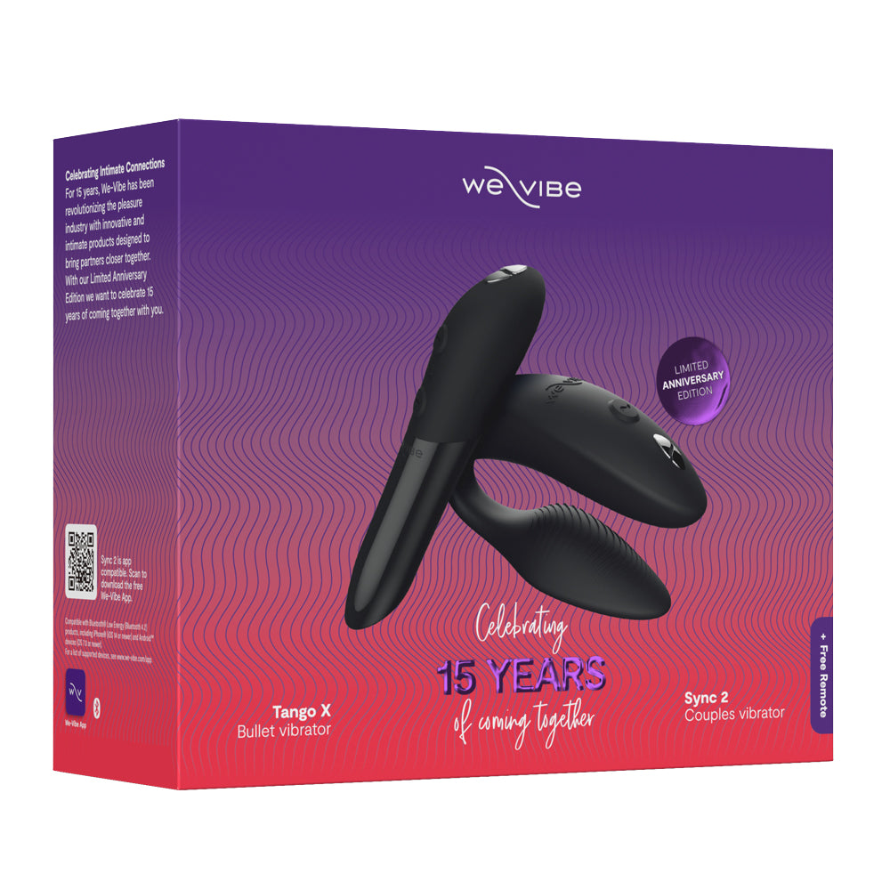 The We-Vibe 15-Year Anniversary Sync 2 & Tango X Vibrator Collection sits in purple and coral gradient box packaging.