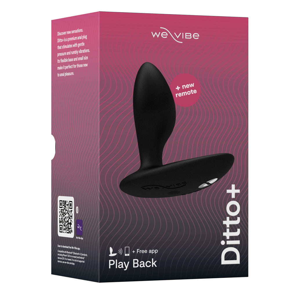 The box packaging of the We-Vibe Ditto+ app-compatible vibrating anal plug stands against a plain white background.