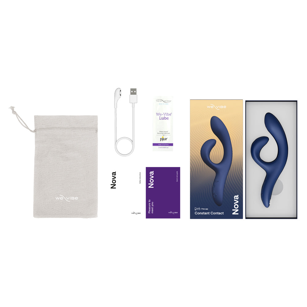 A flat lay of what comes with We-Vibe's Nova 2, including a magnetic charger, instructions, lube sample, and toy bag.