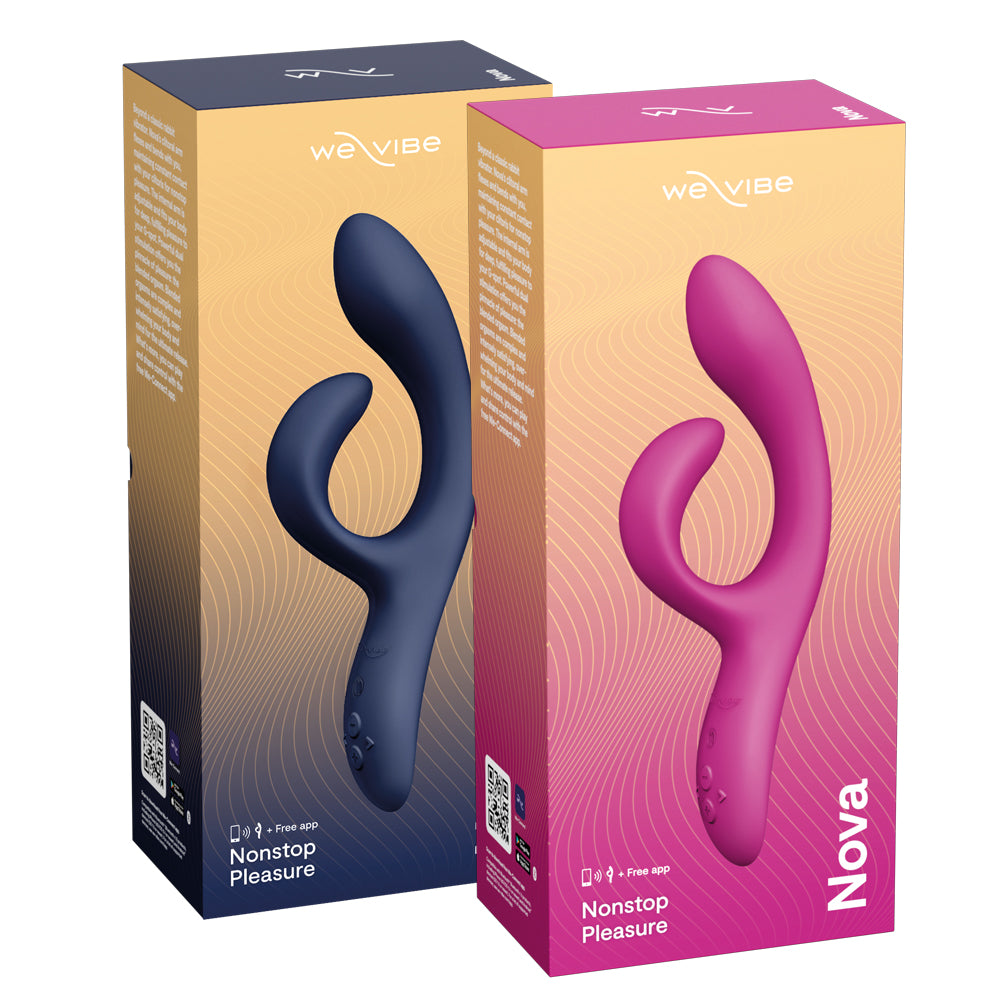 Two boxes stand with each other on a white backdrop, showing the We-Vibe Nova 2 rabbit vibrator in Midnight Blue and Pink.