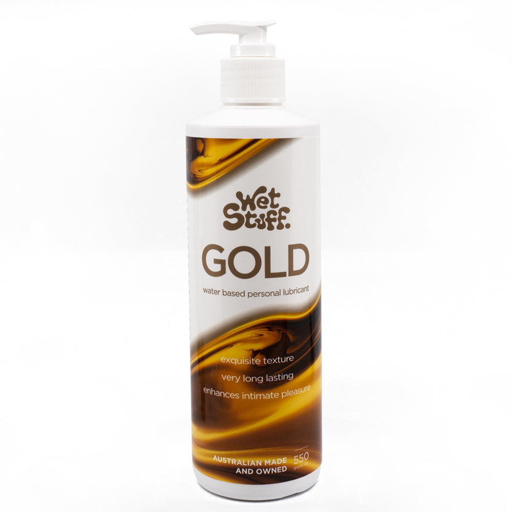 Wet Stuff Gold Water-Based Lubricant has an exquisitely silky texture & lasts even longer than the original Wet Stuff. Compatible w/ condoms & sex toys. 550g. Pump.