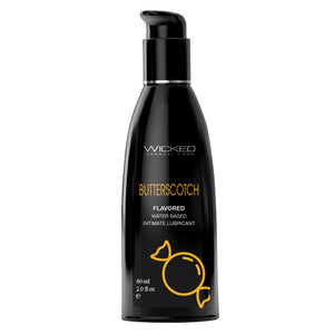 A 120-milliltre pump bottle of Wicked's butterscotch-flavoured water-based lubricant sits against a white background.