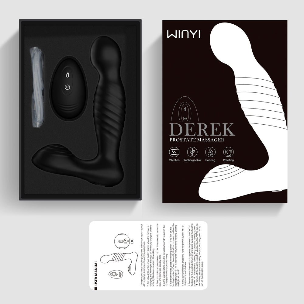 Winyi Derek Warming Rotating Vibrating Prostate Stimulator With Remote has 10 synchronised rotation & vibration modes in a bulbous P-spot head & perineum arm + a warming function. Accessories.