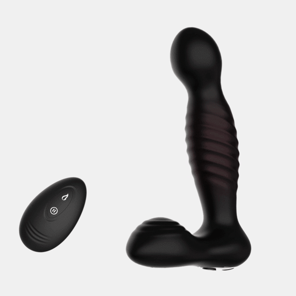 Winyi Derek Warming Rotating Vibrating Prostate Stimulator With Remote has 10 synchronised rotation & vibration modes in a bulbous P-spot head & perineum arm + a warming function. GIF.