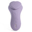Front view of Winyi's purple silicone My Love panty vibrator shows a heart-shaped clip and magnetic charging points.