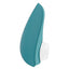 A side view of the teal Womanizer Liberty 2 Travel-Ready Clitoral Stimulator shows its curved, ergonomic design.