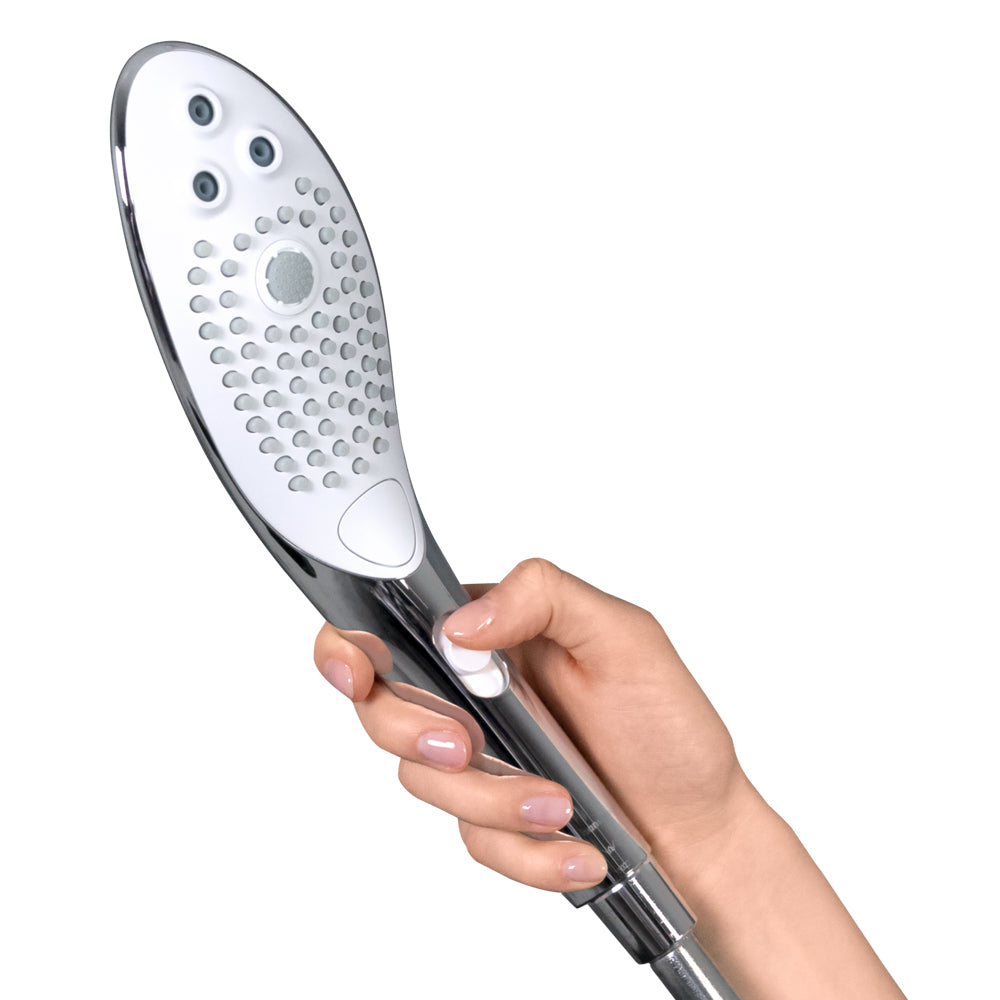 Womanizer Wave Water Massage Clitoral Stimulation Shower Head is the first-ever 2-in-1 showerhead & pleasure device w/ 3 jet styles for clitoral pleasure.