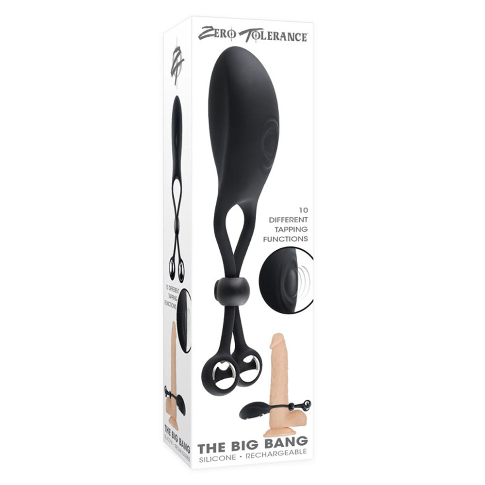 Zero Tolerance Big Bang Tapping Lasso Cock Ring With Swinging Balls can be worn multiple ways & has a 10-mode oscillating motor for tapping stimulation while the stainless steel balls swing underneath you! Package.