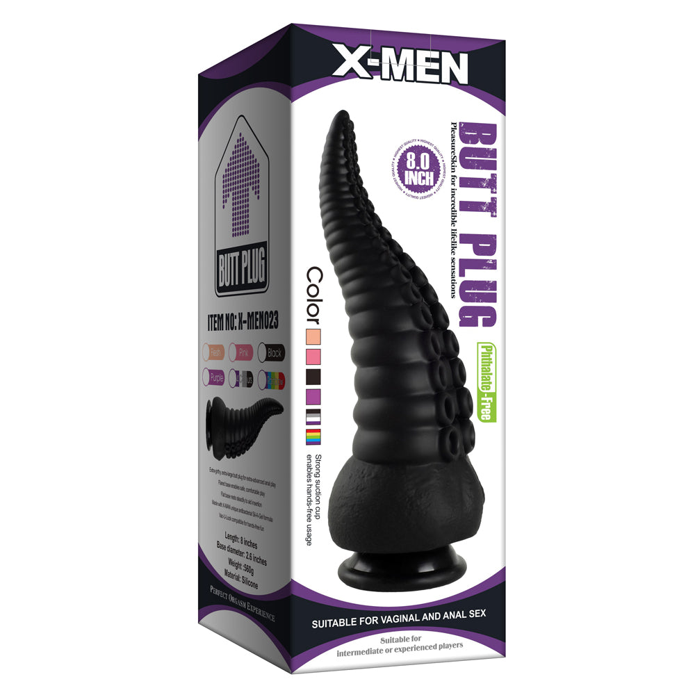 X-Men 8" Ribbed Tentacle Butt Plug w/ Suckers & Suction Cup - unique tentacle anal plug has a tapered tip, pronounced ridges & a sucker texture. Black, box