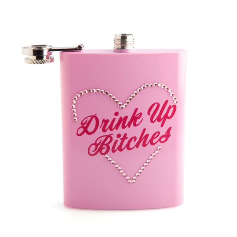 Drink Up Bitches Flask - pink metal flask is every bit as sassy as it is glamorous with pink diamantes in a heart shape around a cursive cursing message. (2)