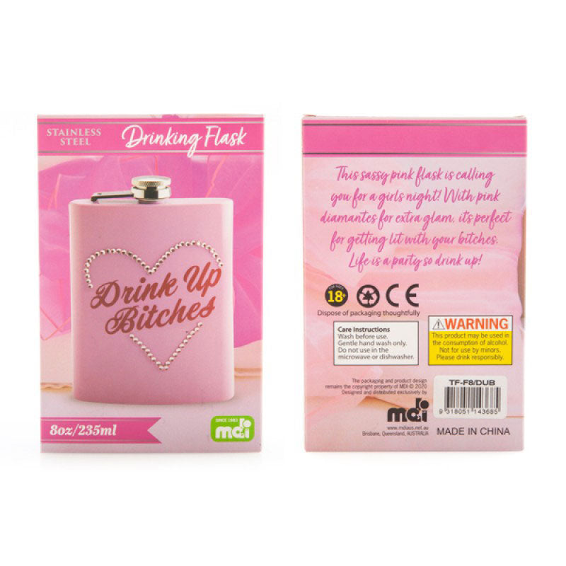 Drink Up Bitches Flask - pink metal flask is every bit as sassy as it is glamorous with pink diamantes in a heart shape around a cursive cursing message. Package image