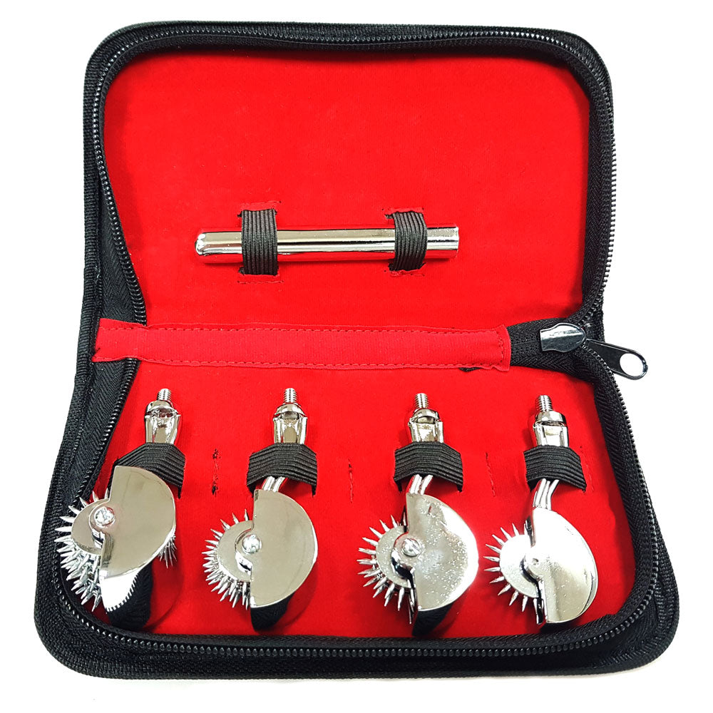 Rouge® - 4 Piece Wartenberg Pinwheel Set With Case - 4 Wartenberg pinwheels have stainless steel pins & come in 1, 2, 3 & 5 pinwheel heads with a screw-on handle for your pain & pleasure.