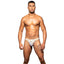 ANDREW CHRISTIAN™ Almost Naked - Golden Tiger Jock - white & gold glitter tiger print jockstrap-style underwear features Andrew Christian's waistband & Almost Naked anatomically correct pouch. 3